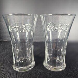 Set Of 2 Libbey Clear Coca Cola Embossed Flared Rim 14 Oz. Tumbler Glasses